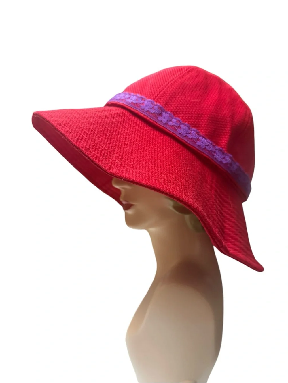 Vintage Red Cotton Wide-Brim Sun Hat Purple Trim red heart accents